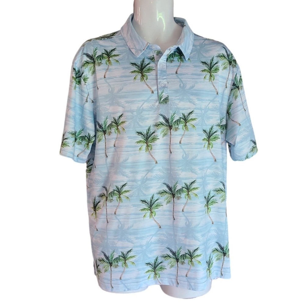 Yatta Golf Polo Shirt Men's XL Blue Tropical Palm Silky Stretch Hawaiian Casual